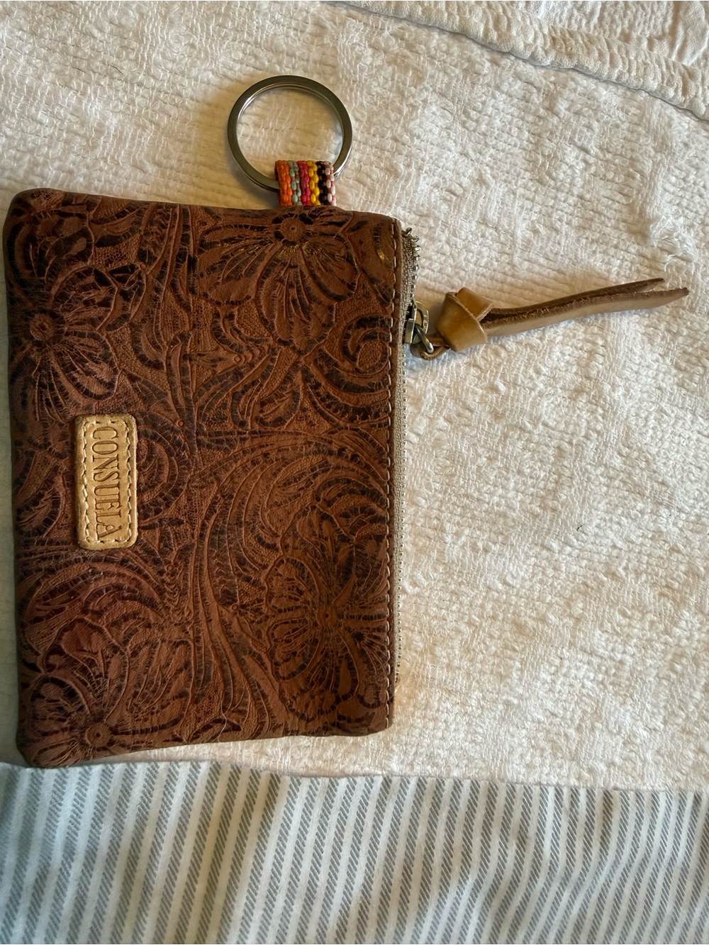 Consuela Brown Embossed Leather Wristlet with Multicolor Keyring